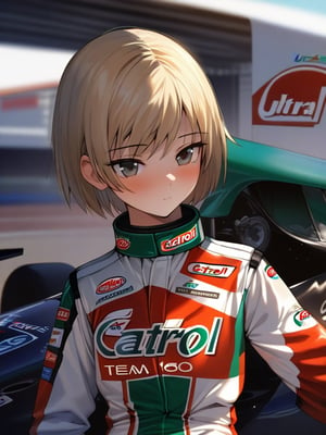 (A 16yo girl)+ ,A girl wearing a racing suit with a Castrol TEAM TOM'S,light brown short bob hair, best quality,masterpiece,ultra-detailed,
