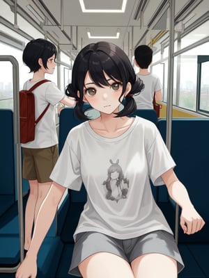 A girl looking sleepy in the seat,Inside a modern commuter train,navy short outside curling hair,white t-shirt,A view of the residential area outside the window,masterpiece, best quality,
