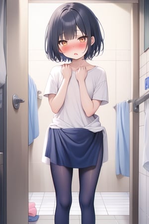 (a solo 15yo girl)++,looking at viewer,blush and panic face girl,white t-shirt,navy short leggings,navy short hair,A girl in underwear,girl trying to take off her clothes,Bath changing area,best quality,masterpiece,