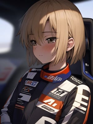 (A 16yo girl)+ ,A girl wearing a racing suit with a RAYBRIG,light brown short bob hair, best quality,masterpiece,ultra-detailed,
