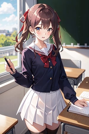 (A 15yo-petite-Girl)+,scribbling in a notebook in the classroom, White-Skirt, big pink -hair-ribbon,dark-blue-school uniform ,moesode,Reddish-brown-short-Two-sided-up ,  zettai-ryouiki,busty,best_quality,masterpiece,ultra_detailed,