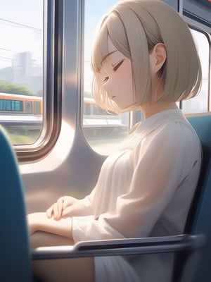 A girl looking sleepy in the seat,Inside a modern commuter train,light brown short bob hair girl,white blouse,A view of the residential area outside the window,masterpiece, best quality,
