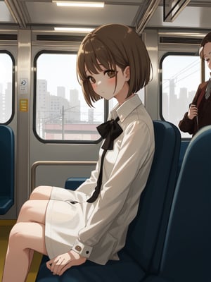 A girl looking sleepy in the seat,Inside a modern commuter train,light brown short bob hair girl,white blouse,A view of the residential area outside the window,masterpiece, best quality,
