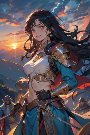 women ,indian, tribal princess, beautiful ,smiling , wearing blue shing armour , dragon crest on breast plate , sword made of lightening  , fighting, hords of orgres, over mountain pass ,at sunset fantasy , realistic 2k