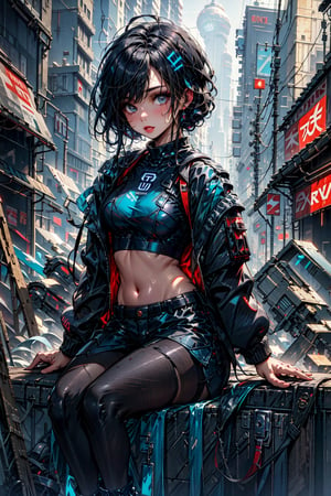 High quality, masterpiece, 1 girl, sole female, shiny dark black hair, blue_irises, cyberpunk style long sleeve jacket, crop top showing navel, shorts, pantyhose, combat boots, sitting at a milkshake stand l