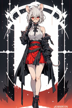 1girl, solo, breasts, looking at viewer, short hair, bangs, skirt, shirt, red eyes, gloves, long sleeves, holding, animal ears, bare shoulders, medium breasts, standing, jacket, full body, white shirt, white hair, grey hair, parted lips, open clothes, glasses, sleeveless, black gloves, hand up, miniskirt, off shoulder, black footwear, character name, english text, open jacket, coat, black jacket, bare legs, sleeveless shirt, red skirt, single glove, high-waist skirt, open coat, black coat, mouse ears, round eyewear, half gloves