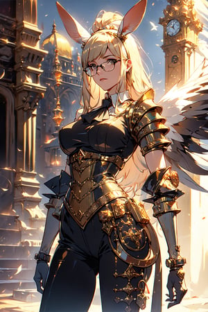 (Best Quality, highly detailed, Masterpiece:1.2), 16k, depth of field, Scenes with high tension, camera movement, anime Characters, dim lighting, Depth of field, details skin Texture, clothes Normal, grey tone, steampunk style, extreme closeup, woman, Scholars, mecha rabbit ears,  glasses, mecha armor on the arm, shoulder armor, Rusty, white blouse, ascot, Jodhpurs, Nobles clothes, giant clock background, Precision clock, Hollow out clock, glass, Clock Tower, Industrial era, smoke spark, dust, glowing effect, (Fantasy aesthetic style), (realistic light and shadow), (real and delicate background),mecha