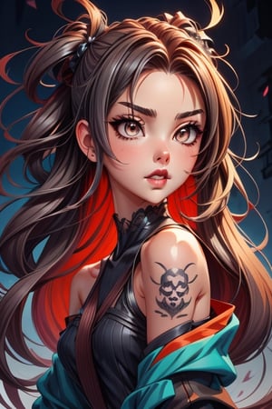 beautiful young woman with pearly skin, brown eyes, gothic style, bright colored clothing, black lips, skull tattoo on the shoulder, good quality 4k, 8k, anime style
,Colors