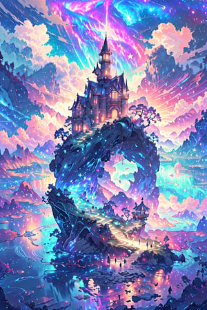 more detail 1:1.nature.,pastelbg,rapthr, stars, house,fantasy00d,xuer dreamy landscapes,Isometric,Isometric view, female,.flow, woman, tower, lake, clouds in the galaxy