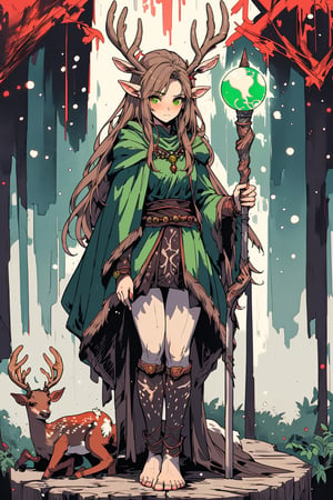 oil painting, a standing female faun with (cloven hooves:1.1) , brown hair, cloven hooves instead of human feet, deer fur on her legs, Satyr, fantasy cleric character , (she has two deer legs:1.2) , she wears a light green cloak and holds a wooden staff with a small green orb on its top , panned out view, Mythology, high fantasy, )