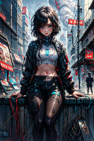 High quality, masterpiece, 1 girl, sole female, shiny dark black hair, blue_irises, cyberpunk style long sleeve jacket, crop top showing navel, shorts, pantyhose, combat boots, sitting at a milkshake stand l
