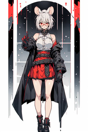 1girl, solo, breasts, looking at viewer, short hair, bangs, skirt, shirt, red eyes, gloves, long sleeves, holding, animal ears, bare shoulders, medium breasts, standing, jacket, full body, white shirt, white hair, grey hair, parted lips, open clothes, glasses, sleeveless, black gloves, hand up, miniskirt, off shoulder, black footwear, character name, english text, open jacket, coat, black jacket, bare legs, sleeveless shirt, red skirt, single glove, high-waist skirt, open coat, black coat, mouse ears, round eyewear, half gloves