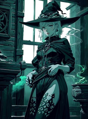 ((Masterpiece)), ((Ultra Realistic)), Highest resolution, ((Green-Black Theme)), Cute Witch making a spell in her cauldron, ((10 year old)), holding her magic book(right hand lift: 2), ((holding a magic wand)) (wearing a black super detailed witch dress), ((black Witch hat)), witch hut background, day light crossing windows, insane details, high contrast, Best Quality, Green magic colors, ((intricate details)), green smoke, Perspective, Amazing Shot, mid plan