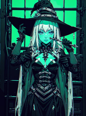 ((Masterpiece)), ((Ultra Realistic)), Highest resolution, ((Green-Black Theme)), Cute Witch, ((holding a magic wand)), (wearing a black super detailed witch dress), ((black Witch hat)), witch hut background, day light crossing windows, cauldron background, insane details, high contrast, Best Quality, Green magic colors, ((intricate details)), green smoke, 3/4 Bottom-Top view, Amazing Shot, mid plan
