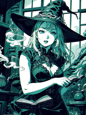 ((Masterpiece)), ((Ultra Realistic)), Highest resolution, ((Green Theme)), Cute Witch making a spell in her cauldron, ((10 year old)), ((holding a magic book)), (wearing a black super detailed witch dress), ((black Witch hat)), witch hut background, fixed hands, day light crossing windows, insane details, high contrast, Best Quality, Green magic colors, ((intricate details)), green smoke, Perspective, Amazing Shot, mid plan,DonM0m3g4
