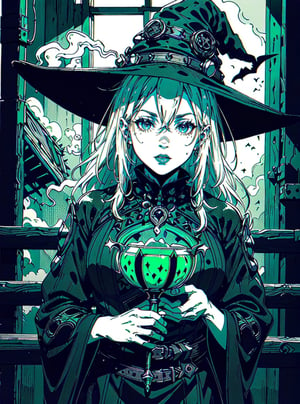 ((Masterpiece)), ((Ultra Realistic)), Highest resolution, ((Green-Black Theme)), Cute Witch, ((holding a magic wand)), (wearing a black super detailed witch dress), ((black Witch hat)), witch hut background, day light crossing windows, cauldron background, insane details, high contrast, Best Quality, Green magic colors, ((intricate details)), green smoke, Perspective, Amazing Shot, mid plan