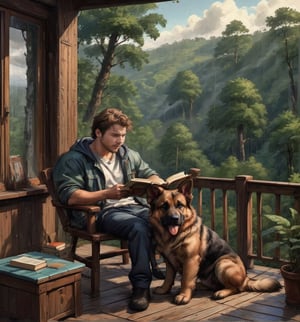 26-year-old man, sitting on a wooden chair, on a balcony, reading a book, showing a beautiful forest landscape, brown puppy "German Shepherd dog breed" lying next to the name, balcony with roof, rainy weather,scenery