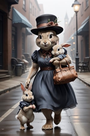 A rabbit wearing an elegant dress and hat, holding a bag and holding a baby rabbit, walks elegantly on the street