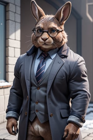 A strong,rabbit with a muscular build with round glasses. wearing  a coat and tie. in a poitraite,abmhandsomeguy