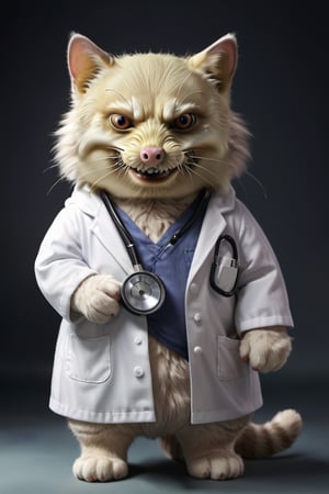 A  anthropomorphized cat doctor,big eyes, eyes are big and sparkling,chubby,wearing a white doctor's robe, soft and cute expression,holding a stethoscope
