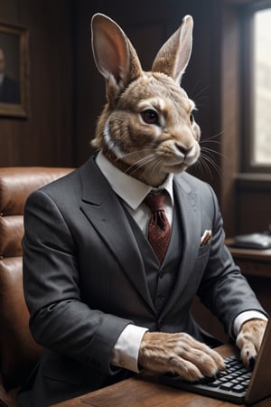 a rabbit dressed in suit, sitting, typing,photorealistic, highly detailed, sharp focus, half body, intricate details,HellAI