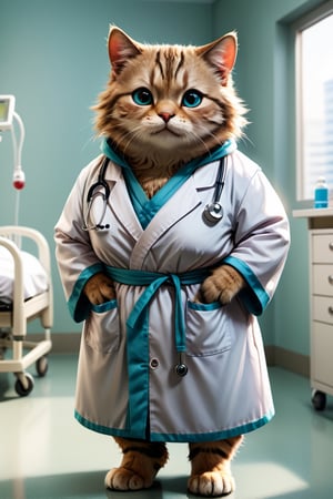 A anthropomorphized cat doctor, eyes are big and sparkling,chubby,wearing a doctor's robe, soft and cute expression,in hospital.