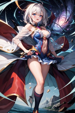 ((masterpiece)), (((best quality))), ((ultra-detailed)), ((illustration)), ((disheveled hair)), beautiful detailed eyes, (1girl:1.2),(solo), dynamic angle, dark magician girl,(black kneehighs:1.1),(starry tornado:1.4), starry Nebula, ((frills)), beautiful detailed sky, beautiful detailed eyes,evil smile, expressionless,hairs between eyes,  white  hair,pleated skirt,((disreveled hair)),see-through