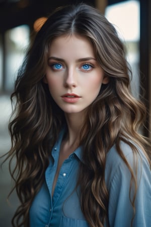 beautiful  girl with blue eyes and wavy long hair in a casual clothes, full body, medium shot, mid-shot, in the style of David cronenberg,scary, weird, surprising, realistic, sharp focus, 8k high definition, medium format film photography, photo realistic, insanely detailed, intricate, elegant, art by les edwards and David kostic and stanley lau and artgerm