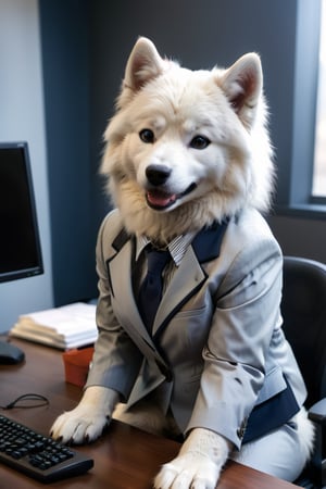 Detailed realistic , photo of a samoyed dog, anthropomorphized, 1_girl, wearing a professional suit, eyes on the computer , sitting on the workstation , expression super happy, having fun, natural light,Extremely Realistic,Animal 