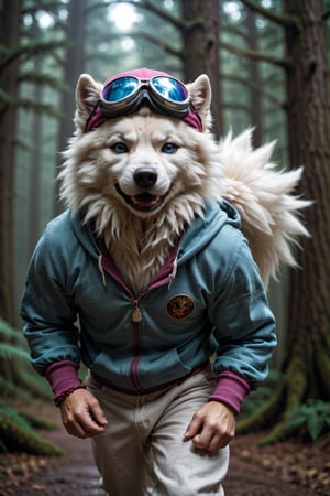 Movie still ((BBC style)) photo of cute pink samoyed in (wildlife), in the air, suspended by parachute, goggles, expression super happy, having fun, baseball cap, sweatpants, hooded shirt, white and gray fur, thick fur, blue eyes, shallow depth of field, vignette, highly detailed, high budget, bokeh, wide format cinema, moody, epic, gorgeous, film grain, grainy, high quality photography, 3 Spot lighting, softbox flash, 4k, Canon EOS R3, hdr, smooth, sharp focus, high resolution, award-winning action photos, jump shots, 50mm, wide angle shot, away from camera, full length, f2.8, bokeh, side view