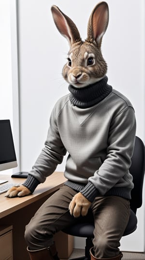 A rabbit wearing a gray turtleneck sweater and Martins, a slim fitting cotton jacket and Martin boots, sitting in front of a computer for work, 16k, panoramic view