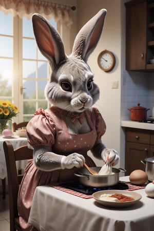 A rabbit in a nice dress is cooking for the baby rabbit who are waiting at the table. This is a warm and loving family scene.