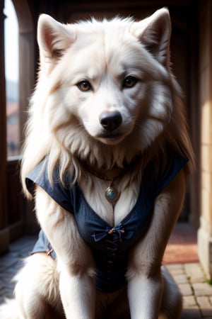 Detailed realistic, masterpiece, a combination photo of samoyed head and female's body. big eyes,16K, wearing popular clothing, (HDR:1.4), siena natural ratio,  soft natural volumetric , perfect light,facial expression