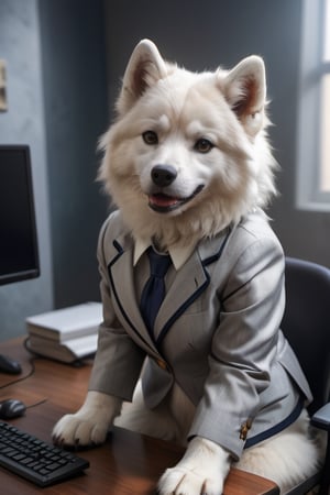 Detailed realistic , photo of a samoyed dog, anthropomorphized, 1_girl, wearing a professional suit, snow white fur, eyes on the computer , sitting on the workstation , expression super happy, having fun, natural light