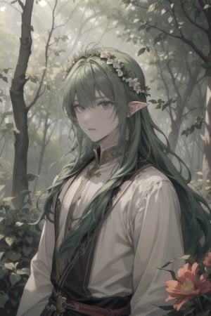(masterpiece), best quality, highly detailed, 8k, 1men, elven man, handsome, long green hair, wearing a flower crown, in the middle of a forest, vibrant colors, warm light, vibrant and lively atmosphere, surrounded by a variety of colorful flowers, gentle breeze, captivating and enchanting scenery,  