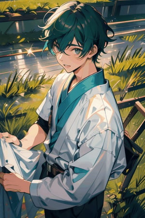 Japanese boy doing laundry, hanging laundry on line, calm smile, long green hair, green eyes, pale skin, ancient Japanese clothing, outside, blue sky, green grass, masterpiece, cheerful scene, genshin impact, young man