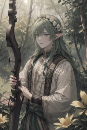 (masterpiece), best quality, highly detailed, 8k, 1men, elven man, handsome, long green hair, wearing a flower crown, in the middle of a forest, vibrant colors, warm light, vibrant and lively atmosphere, surrounded by a variety of colorful flowers, gentle breeze, captivating and enchanting scenery,  holding bow and arrow, 