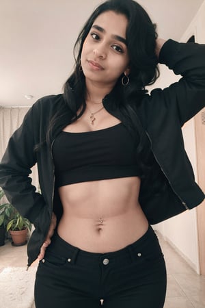 1girl, solo, long hair, black hair, exposed_navel, jewelry, jacket, earrings, midriff, black eyes, full lips, mallu girl Light particles, exposed_navel, big tits, thin waist, wide hips BWH: 35-22-39 Inches