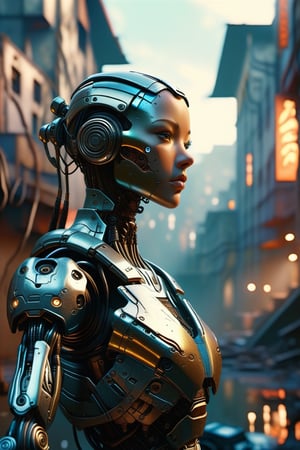 a super close-up, hyper-realistic image, of a cyborg robot, standing in a distopic city in ruins, delicate detailing,subtle texture,soft-focus effect,soft shadows,minimalist aesthetic,gentle illumination,elegant simplicity,serene composition timeless appeal,visual softness,extremely high quality high detail RAW color photo,professional lighting,sophisticated color grading,sharp focus,soft bokeh,striking contrast,dramatic flair,depth of field,seamless blend of colors,CGI digital painting,cinematic still 35mm,CineStill 50D,800T,natural lighting,shallow depth of field,crisp details,hbo netflix film color LUT,32K,UHD,HDR,film light,panoramic shot,breathtaking,hyper-realistic,ultra-realism,high-speed photography,perfect contrast,award-winning phography,directed by lars von trie, unreal engine, greg rutkowski, loish, rhads, beeple, makoto shinkai and lois van baarle, ilya kuvshinov, rossdraws, tom bagshaw, alphonse mucha, global illumination, detailed and intricate environment, epic masterpiece, film poster style, DonM3v1lM4dn355XL 