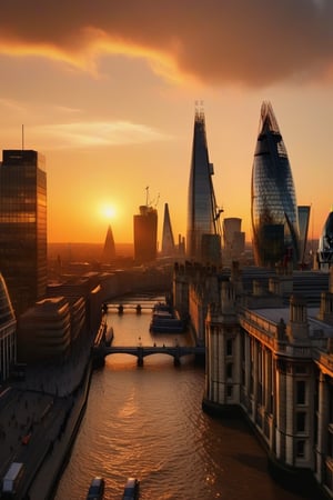 a majestic sunset in the city of London, ultra realistic image, perfect focus, perfect composition, perfect framing, golden ratio, rule of thirds, cinematic light warm tones, gradient map, 32k resolution, raw, UHD, HDR