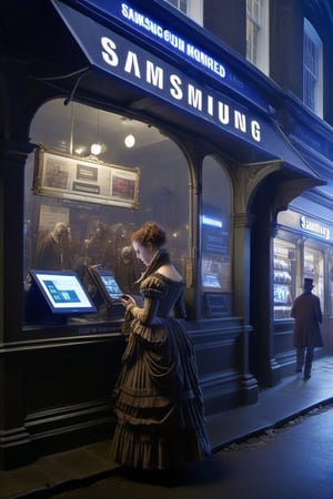 In a parallel world,
18th century victorian england,
Samsung store,
Selling mobile phones ,
Multiple shops,
Shop sign text "Samsung" ,
Busy street ,
Woman carrying a mobile device,
,booth,assassin,night city