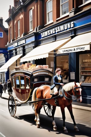 In a parallel world,
18th century victorian england,
Samsung store,
Selling mobile phones ,
Multiple shops,
Shop sign text "Samsung" ,
Busy street ,
((Horse and carriage)) ,
(Woman carrying a mobile device) ,
,booth,,food 