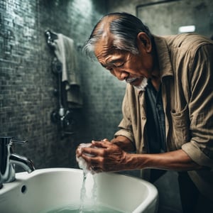 ((masterpiece, best quality)), absurdres, (Photorealistic 1.2), sharp focus, highly detailed, top quality, Ultra-High Resolution, HDR, 8K, epiC35mm, film grain, moody photography, (color saturation:-0.4), lifestyle photography,

Handsome old Filipino man washing his hands in a nice bathroom,