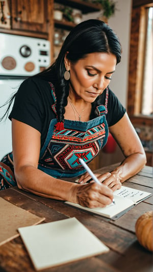 Masterpiece, bestquality,4K,highres, ultra-detailed, 

wide angle picture of a beautiful middle aged Navajo woman writing a note in the kitchen, boho outfit, overalls, 