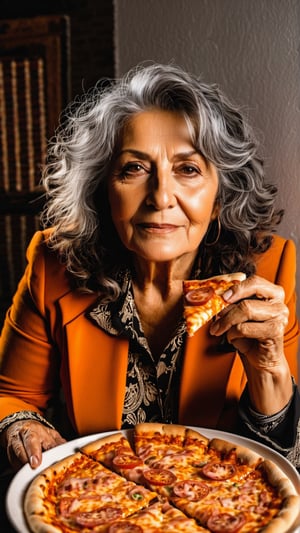 Masterpiece, bestquality,4K,highres, ultra-detailed, 

wide angle picture of a beautiful old Turkish woman eating pizza at home at night, 65 years old, curly hair, orange business suit,