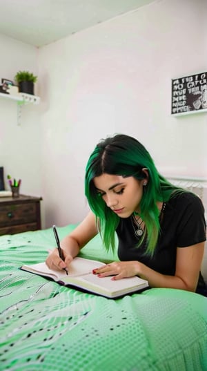 Masterpiece, bestquality,4K,highres, ultra-detailed, 

wide angle picture of a beautiful teenage girl writing on her diary in her bedroom, emo style, green hair, 