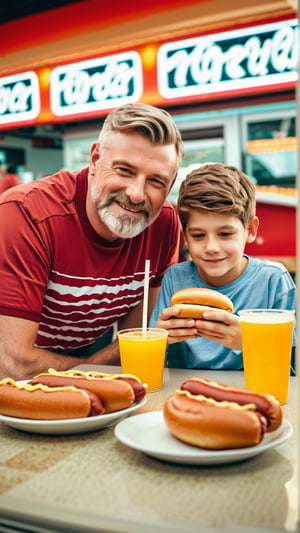 Masterpiece, bestquality,4K,highres, ultra-detailed, 

wide angle picture of a handsome Irish father and son eating hotdogs in a fast food restaurant, casual wear, 