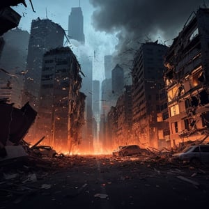 An abundance of meteor fragments plummeting towards a cityscape, causing extensive damage. Fiery meteor shards piercing the sky, tall skyscrapers below, windows shattering, smokes and debris filling the air, street lights flickering amidst chaos, elements of destruction but not explicit violence, eerie yet dynamic atmosphere, play of shadows and bright meteor lights, dramatic and chaotic, contrast of urban cityscape with cosmic event, wide angle shot and strong perspective.,DonMD3m0nV31ns,More Detail