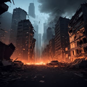 An abundance of meteor fragments plummeting towards a cityscape, causing extensive damage. Fiery meteor shards piercing the sky, tall skyscrapers below, windows shattering, smokes and debris filling the air, street lights flickering amidst chaos, elements of destruction but not explicit violence, eerie yet dynamic atmosphere, play of shadows and bright meteor lights, dramatic and chaotic, contrast of urban cityscape with cosmic event, wide angle shot and strong perspective.,DonMD3m0nV31ns,More Detail