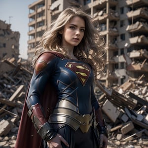 Defeated Supergirl, disheveled blonde hair, piercing blue eyes filled with defeat, torn superhero suit, iconic 'S' logo partly visible, ruinous state, scattered pieces of suit fabric, dramatic pose lying among ruins, concrete rubble, broken beams, dust particles in air, battle aftermath scene, dim and dramatic lighting, creating strong shadows and atmospheric ambiance, somber mood, wide shot showing the extent of destruction around, broken cityscape background, cracked road, gray and muted tones prevails, highly detailed and realistic style, strong focus on Supergirl's expression of defeat and sorrow.